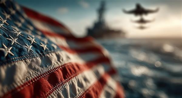 Veterans Day ceremony with American flag waving and military jets flying overhead in tribute