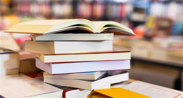 A stack of books in a bookshop.