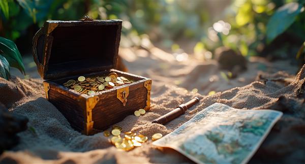 Image of a treasure chest full of gold on an island