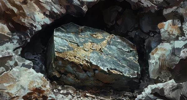 Stone with tungsten ore inside a mine surrounded by the rough and rocky walls of the mine