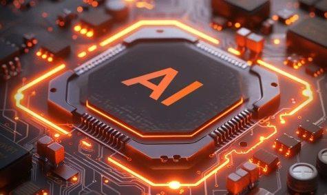 Futuristic AI chip on a glowing circuit board, representing artificial intelligence and semiconductor technology powering next-generation computing.