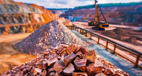 Electric rope shovel and dump truck at a copper mine.