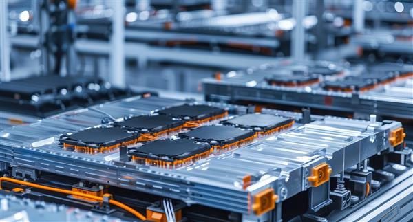 Electric Car Battery Assembly production Line. Automated assembly line producing electric vehicle batteries in a modern factory.