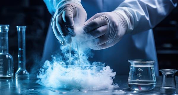 A scientist's hands work on a freezing test glass.