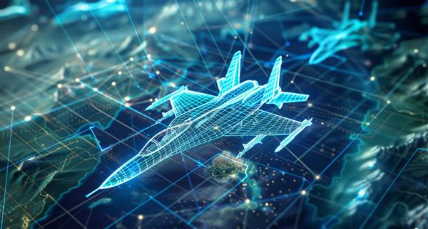 AI image of a digital wireframe jet fighter flying over terrain map