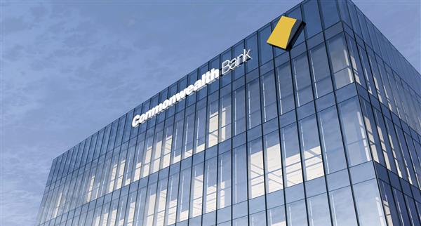 Sydney, Australia. February 19, 2021. Editorial Use Only, 3D CGI. Commonwealth Bank Signage Logo on Top of Glass Building. Workplace Financial Services Company in High-rise Office Headquarter.