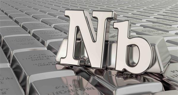 A 3D rendering of Niobium ingots in the background with a metallic Nb symbol