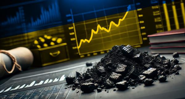 Pieces of coal on a table with financial graphs