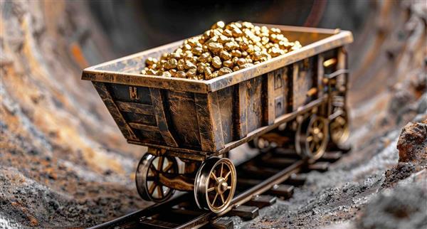 A depiction of a gold cart miniaturised travelling on tracks in a cave like environment
