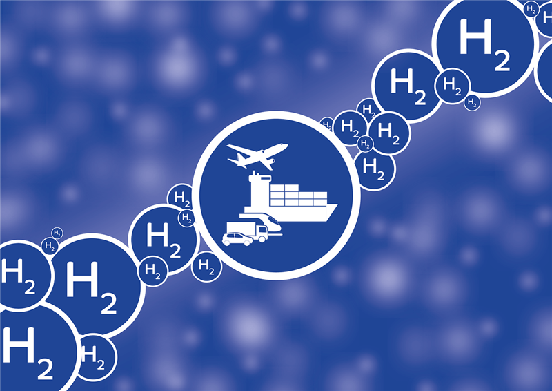 Hydrogen symbols, airplane, ship and automobiles.