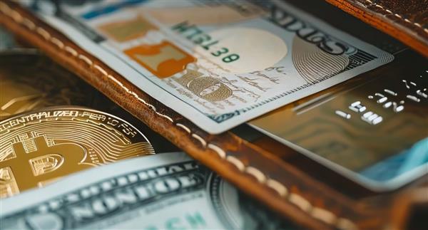 A symbolic image of a crypto wallet being integrated with traditional banking tools, like credit cards and cash, in a physical wallet