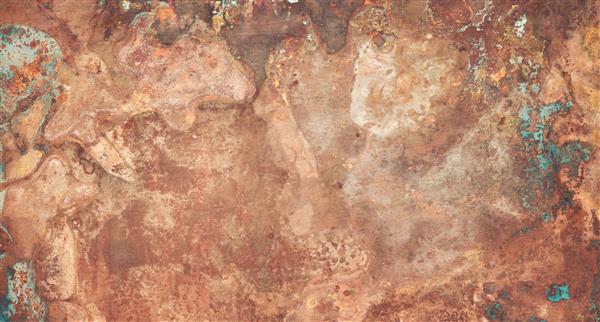 Aged copper plate texture with green patina stains. Old worn metal background.