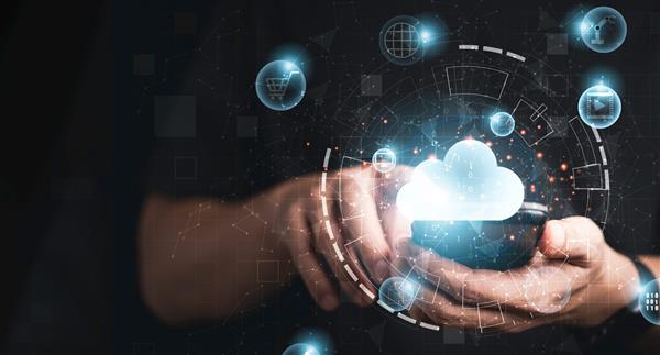 Person using smartphone with virtual cloud technology