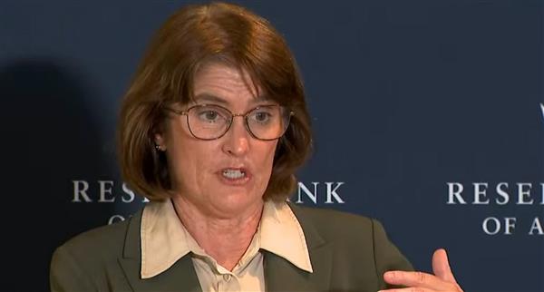 RBA governor Michele Bullock speaks at an interest rate cuts meeting in Sydney.