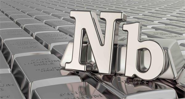 A 3D rendering of Niobium ingots in the background with a metallic Nb symbol