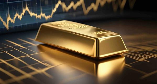 A generated image of a gold bar sitting on a black surface with golden financial line chart graphics in the background